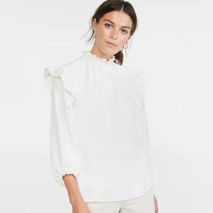 Ann Taylor LOFT Smocked Mock Neck Ruffle Long Sleeve Blouse White Ivory Small